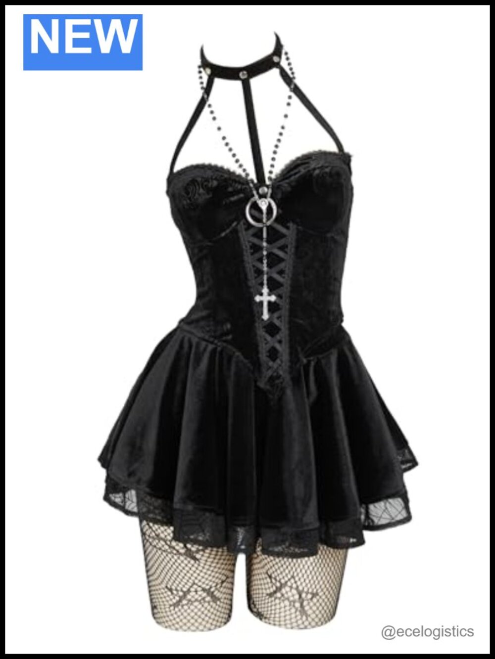 Velvet Lace-Up Corset Top Skirt Set with Stockings Sleeves Gothic Party